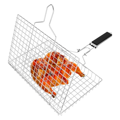 Linkidea Runder tragbarer BBQ-Grillkorb, Fisch-Grillkorb aus Edelstahl mit abnehmbarem, sicherem Verriegelungsgriff, Grillzubehör für Grill im Freien, Gemüse, Fische, Garnelen (Silber, Quadrat) von Linkidea