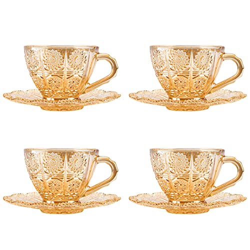 Linkidea Teetassen aus Glas, 4er-Set mit Untertassen, 6-Unzen-Vintage-Kaffeetasse, Glaswaren-Set mit Blumenprägung und Untertassen für Erwachsene, Teeparty, Familie, Freunde (Bernstein) von Linkidea