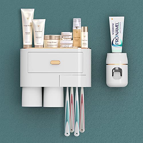 Linkidea Zahnbürstenhalter zur Wandmontage, selbstklebend, automatischer Zahnpastaspender für Badezimmer, 6 Zahnbürstenfächer, 2 Tassen und Schubladen, Kosmetik-Organizer von Linkidea