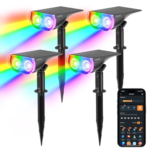 Linkind Smart RGBTW Solar Strahler für Garten, Intelligent 16Mio. Farbe Gartenleuchte mit Gruppensteuerung, Musiksync, Rotlichtalarm, IP65 Aussenstrahler Solar Baumstrahler, SL5C-4 Stück von Linkind