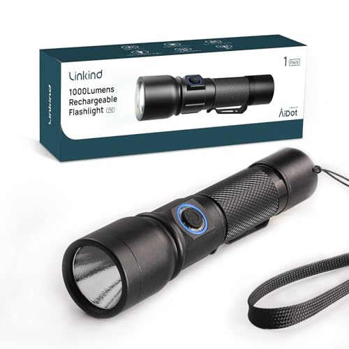 Linkind Taschenlampe LED wiederaufladbar, 7 Modi mit Taktischer Bedienung, 15000 LUX Alu-Handlampe mit Seitenclip & Trageband, USB-C, Speicherfunktion, IP44 für Camping, Notfall, Reparatur von Linkind