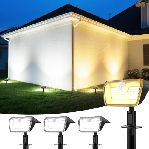 Linkind solarlampen 2 in 1 Solar Strahler Außen mit Bewegungsmelder 3000K & 6500K, 60-LEDs Außen Gartenstrahler mit Dauerlicht und Lade-anzeige, IP67 Wasserdicht Solar Wegelampen 8M/120°, 3 Stück von Linkind