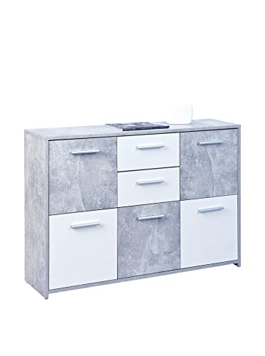 Inter Link – Kommode – Sideboard - Kommode mit 5 Türen und 2 Schubladen – 2 Farbig – Melaminbeschichtet – Beton Nachbildung Hellgrau und Weiß – BxTxH: 115x30x77 cm – Flavius von Inter Link