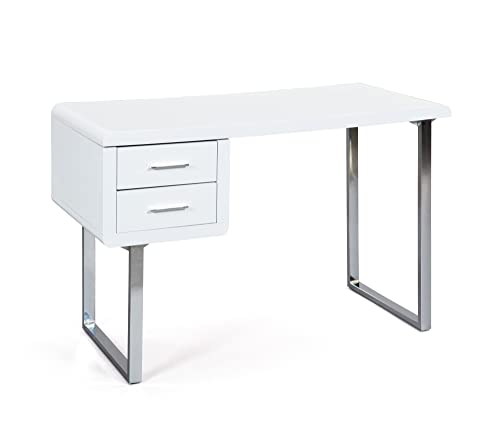 Inter Link – Schreibtisch weiß Hochglanz – MDF lackiert - moderner weißer Schreibtisch – mit 2 Schubladen – Mit Metallgestell – B:120 x T:55 x H76cm - Claude von Inter Link