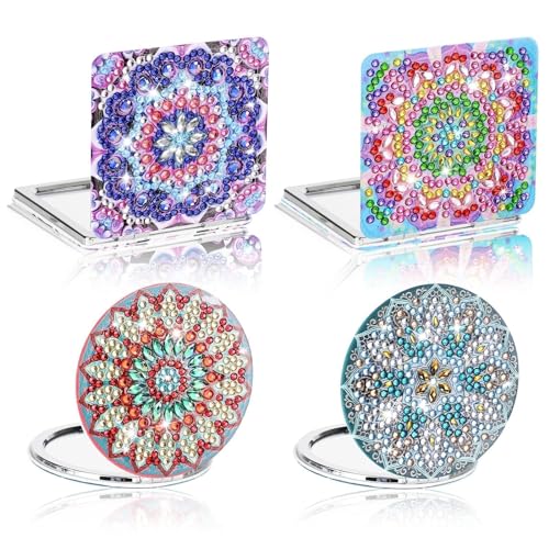 4Pcs Diamant Malerei Kompakte Spiegel, DIY Tasche Makeup Spiegel mit Mandala Diamant Kunst Malerei Abdeckung, Tragbare Reise Folding Kleinen Spiegel Handwerk Geschenke für Kinder Frauen Mädchen von Linkstyle