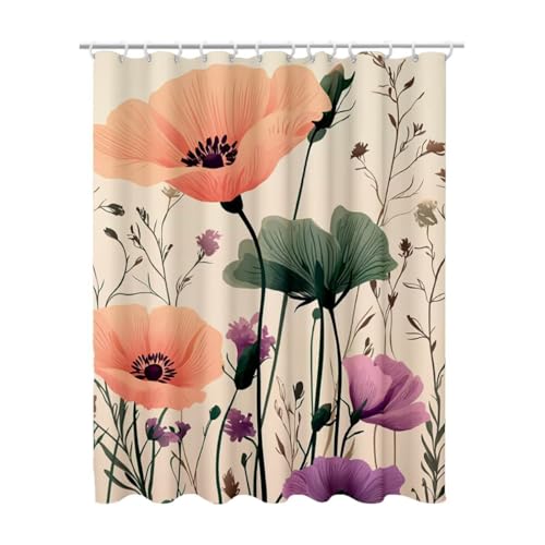 180x180 cm Duschvorhang Creme Shower Curtains mit 12 Duschrollo Haken, Duschrollo für Badewanne Beschwerter Saum Waschbar Polyester Stoff Extra Lang für Badezimmer, Geschenke für Frauen (Blumen) Z-11 von Linncen