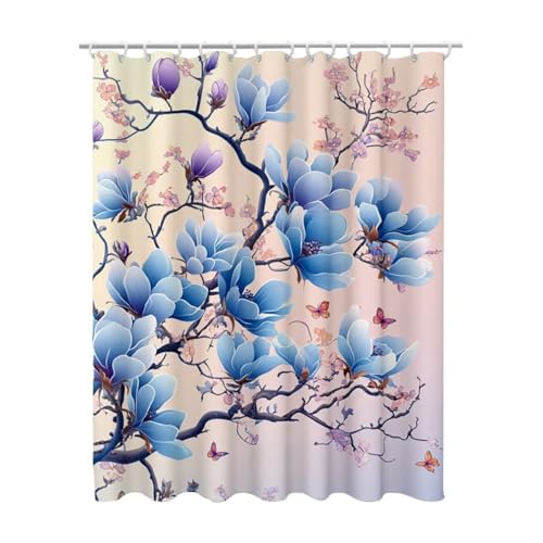 90x180 cm Duschvorhang Blau Shower Curtains mit 12 Duschrollo Haken, Duschrollo für Badewanne Beschwerter Saum Waschbar Polyester Stoff Extra Lang für Badezimmer, Geschenke für Frauen (Blumen) Z-20 von Linncen