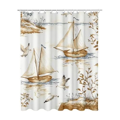 Duschvorhang 120 x 200, Duschvorhang Beige Duschrollo für Badewanne, Shower Curtains mit Gewicht, Waschbar Polyester Stoff, Extra Lang mit 12 Duschvorhänge Haken für Badezimmer Badewanne (Vogel) Z-0 von Linncen