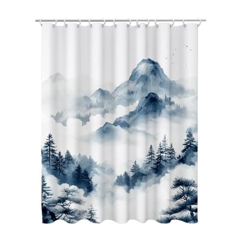 Duschvorhang 180x180, Duschvorhang Blau Duschrollo für Badewanne, Shower Curtains mit Gewicht, Waschbar Polyester Stoff, Extra Lang mit 12 Duschvorhänge Haken für Badezimmer Badewanne (Idyllisch) Z-30 von Linncen