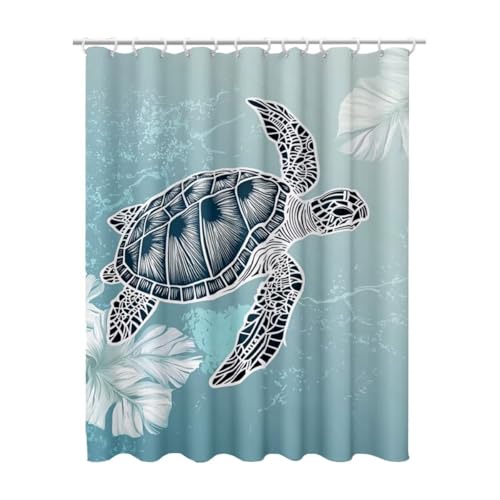 Duschvorhang 180x180, Duschvorhang Blaugrün Duschrollo für Badewanne, Shower Curtains mit Gewicht Waschbar Polyester Stoff Extra Lang mit 12 Duschvorhänge Haken für Badezimmer (Schildkröte) Z-75 von Linncen