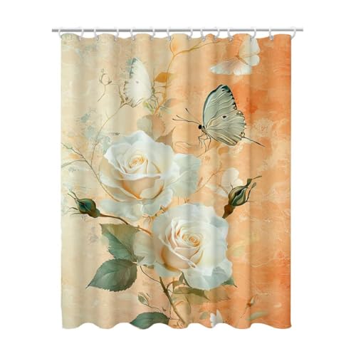 Duschvorhang 180x200, Duschvorhang Orange Duschrollo für Badewanne, Shower Curtains mit Gewicht, Waschbar Polyester Stoff, Extra Lang mit 12 Duschvorhänge Haken für Badezimmer Badewanne (Blumen) Z-69 von Linncen