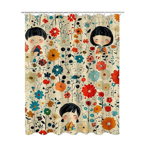 Duschvorhang 200x180 cm, Duschvorhang Bunt Duschrollo für Badewanne, Shower Curtains mit Gewicht, Waschbar Polyester Stoff, Extra Lang mit 12 Duschvorhänge Haken für Badezimmer Badewanne (Blumen) Y-5 von Linncen