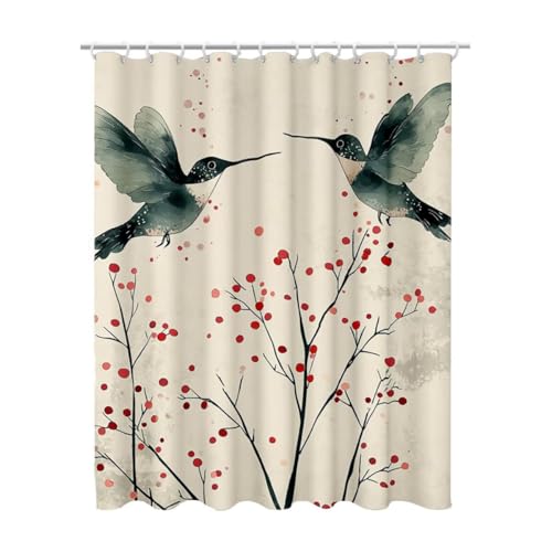 Duschvorhang 200x180 cm, Duschvorhang Creme Duschrollo für Badewanne, Shower Curtains mit Gewicht, Waschbar Polyester Stoff, Extra Lang mit 12 Duschvorhänge Haken für Badezimmer Badewanne (Vogel) Z-36 von Linncen
