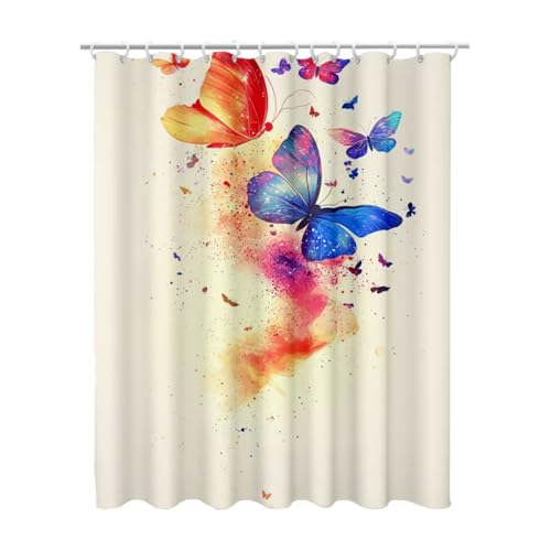 Duschvorhang Creme, Duschvorhang 100x200 mit Duschrollo Haken, Duschrollo für Badewanne Beschwerter Saum, Shower Curtains Waschbar Polyester Extra Lang Badvorhang für Badezimmer (Schmetterling) M-32 von Linncen