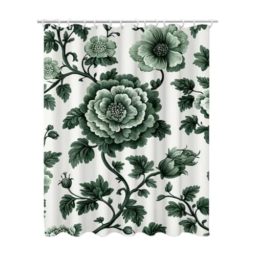 Duschvorhang Grün, Duschvorhang 100x200 mit 12 Duschrollo Haken, Duschrollo für Badewanne Beschwerter Saum, Shower Curtains Waschbar Polyester Stoff, Extra Lang Badvorhang für Badezimmer (Blumen) Z-1 von Linncen