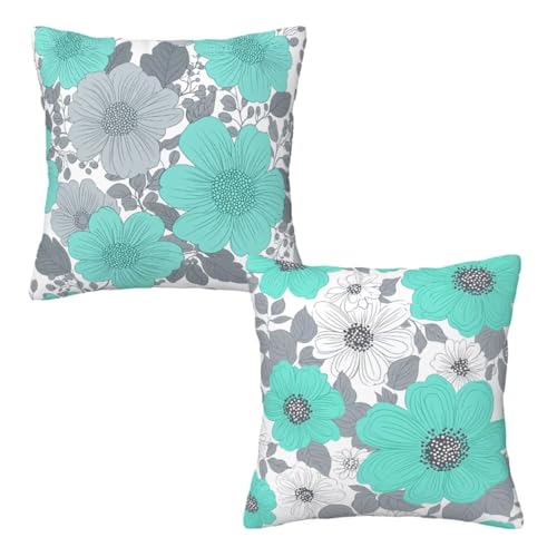 Kissenbezug 55x55 Grau, Dekokissen Kissenbezüge 2er Set, Samt Sofakissen Kopfkissenbezug, Deko Kissen Blaugrüne Blumen Beidseitiger Druck, Zierkissen Kissenbezug, Deko Wohnzimmer Schlafzimmer E-82 von Linncen