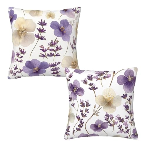 Kissenbezug 80x80 Weiß, Dekokissen Kissenbezüge 2er Set, Samt Sofakissen Kopfkissenbezug, Deko Kissen Lila Blüten Beidseitiger Druck, Zierkissen Kissenbezug, Herbst Deko Wohnzimmer Schlafzimmer Z-90 von Linncen