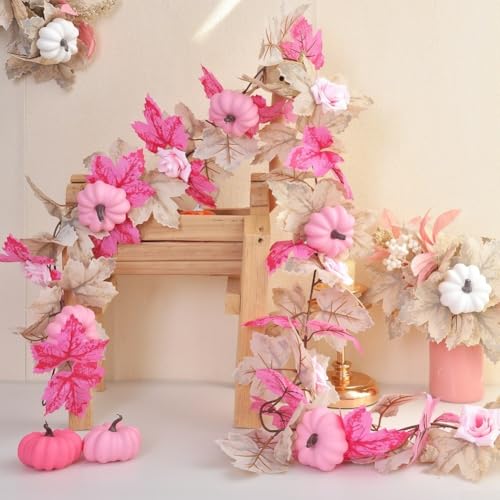 Linnkyfloa Künstliche Herbsternte Girlande Rosa Kürbisse Rosen Bunte Blätter Festliche Rebe Dekoration für Thanksgiving Party Kaminsims Türrahmen Wandregal von Linnkyfloa
