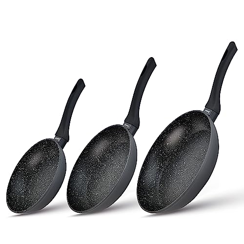 Linnuo 3tlg Pfannenset Induktion, Antihaft Beschichtete Pfanne 28 cm, 24 cm, 20 cm, Bratpfanne Induktion, Pfannen hoher Rand, Edelstahl-Boden, Griff nicht heiß, Marmor Granit Optik | Frying Pan Set von Linnuo