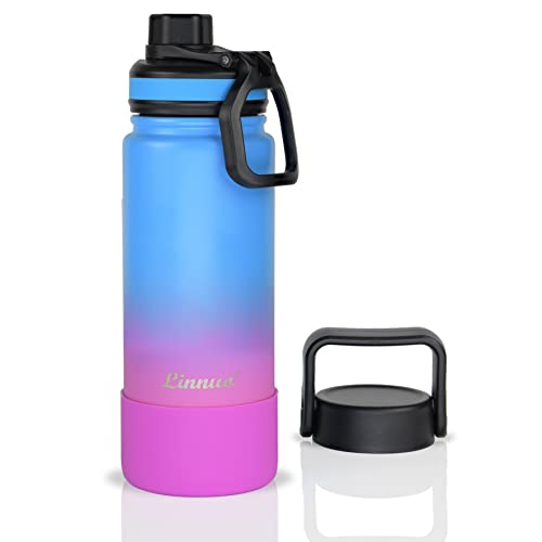 Linnuo Trinkflasche Edelstahl 600ml Auslaufsicher Thermoskanne BPA-Frei Wasserflasche für Sport Fitness Fahrrad Uni Outdoor, 2 Deckel, Silikonboden, Kohlensäure Thermosflasche für Mädchen (Blau-Pink) von Linnuo