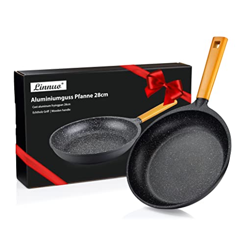 Linnuo Natur Line Aluguss Pfanne 28 cm Holzgriff, Marmor Optik Antihaft beschichtete Pfanne Induktion und alle Herden, dicker Boden, Bratpfanne 28 cm | Frying Pan von Linnuo