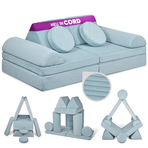Linodino® Spielsofa Cord Fantasiewelt, Kindersofa-Bausteine - Kreative Stapelsteine für Kinder - Kindercouch, Sofa-Kuschelecke im Kinderzimmer | Schaumstoff-Softbausteine [Einhornblau] von Linodino
