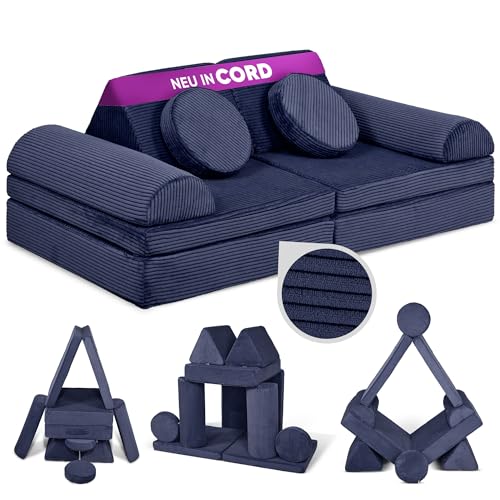 Linodino® Spielsofa Cord Fantasiewelt, Kindersofa-Bausteine - Kreative Stapelsteine für Kinder - Kindercouch, Sofa-Kuschelecke im Kinderzimmer | Schaumstoff-Softbausteine [Weltraumblau] von Linodino