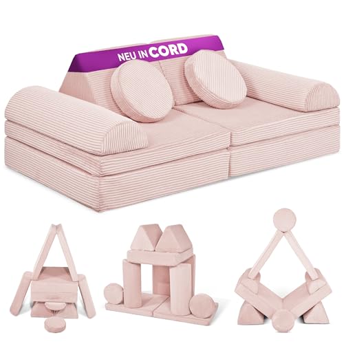 Linodino® Spielsofa Cord Fantasiewelt, Kindersofa-Bausteine mit Cord-Bezug - Stapelsteine für Kinder - Kindercouch, Sofa-Kuschelecke im Kinderzimmer | Schaumstoff-Softbausteine (Prinzessin Rosa) von Linodino