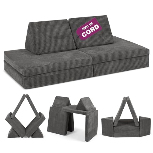 Linodino® Spielsofa Cord - Kindersofa | Schaumstoff Bausteine - Kinder Sofa für einen aufregenden Indoor Spielplatz | XXL Kindercouch als Kuschelecke im Kinderzimmer, mit Schlaffunktion | Nashorn Grau von Linodino