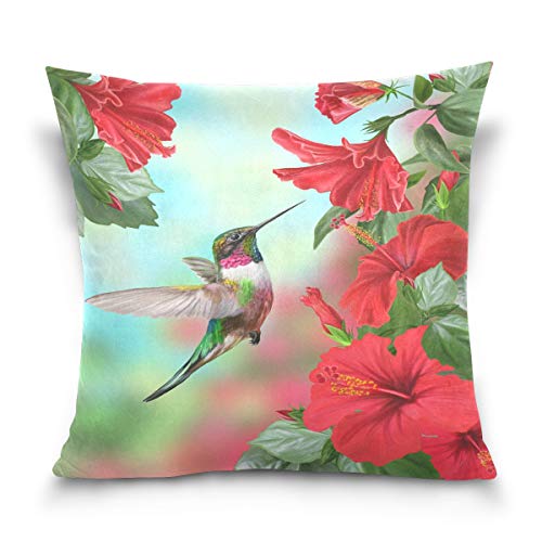 Linomo Kissenbezug 50x50 cm, Kolibri Rot Blumen Blume Dekorative Kissenbezug Kissenhülle für Couch Sofa Bett Hause von Linomo