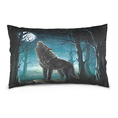 Linomo Kissenbezug 50x75 cm, Mitternacht Wolf Mond Baum Dekorative Kissenbezug Kissenhülle für Couch Sofa Bett Hause von Linomo