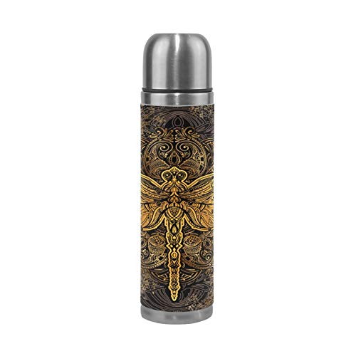 Linomo Thermosflasche Mandala Libelle Design Edelstahl Wasserflasche,Isoliert Auslaufsicher, Doppelwandig Vakuumflasche für Sport Reise Camping Büro 500 ml von Linomo