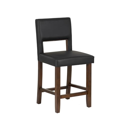 Linon Vega Dark Espresso Holz-Thekenhocker mit gepolsterter Sitzfläche und Rückenlehne aus schwarzem Kunstleder von Linon