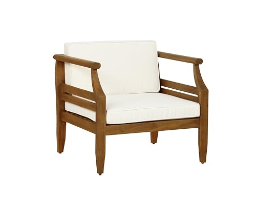 Linon herausnehmbaren Kissen Haven Sessel aus geöltem Akazienholz, Akazie, Naturfarben und cremefarben, Outdoor Arm Chair von Linon