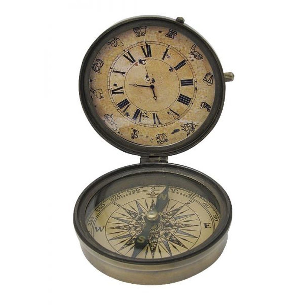 Linoows Dekoobjekt Dosen Kompass mit Uhr, Multi Instrumenten Kompass, Kompass und Uhr aus Altmessing von Linoows