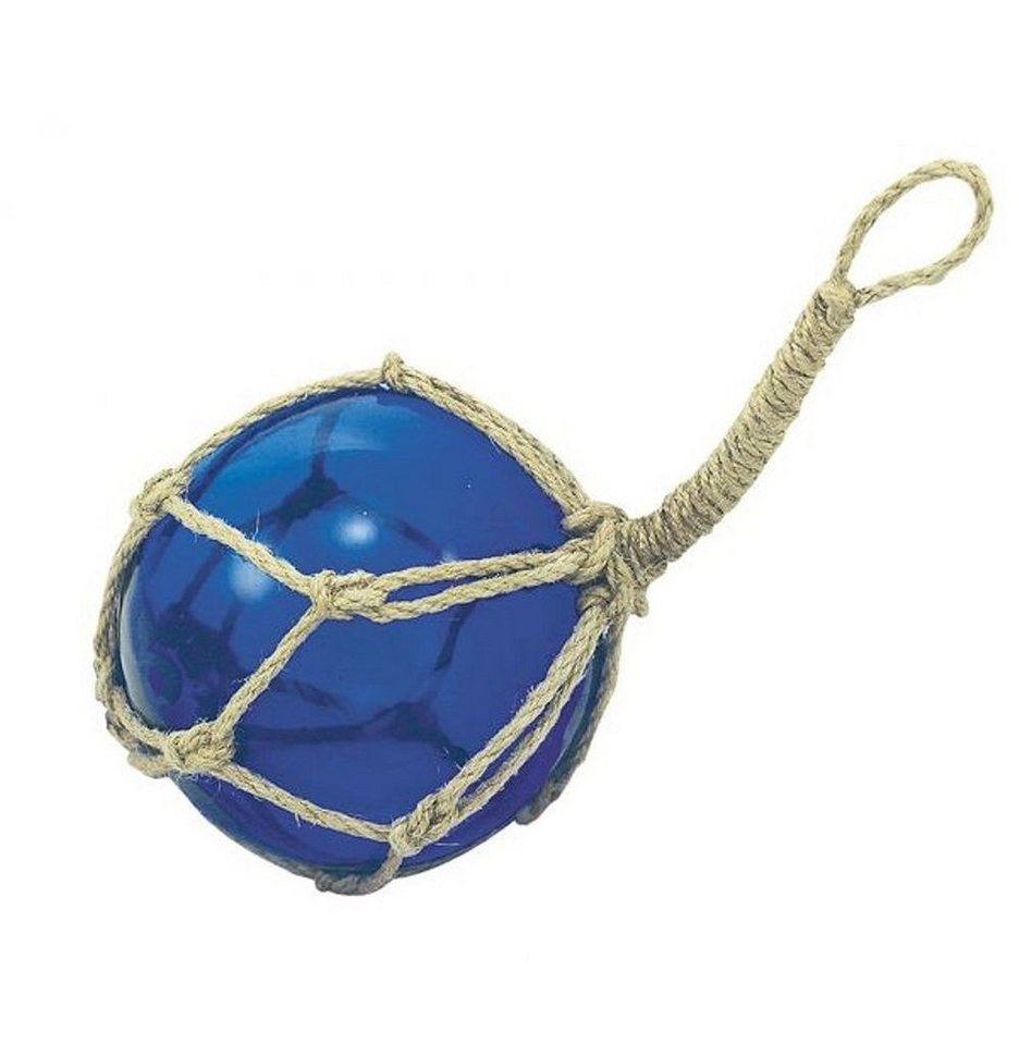 Linoows Dekoobjekt Fischernetz Kugel, Glas Fischerkugel Blau 10 cm, Glas Kugel im Jutenetz eingewoben von Linoows