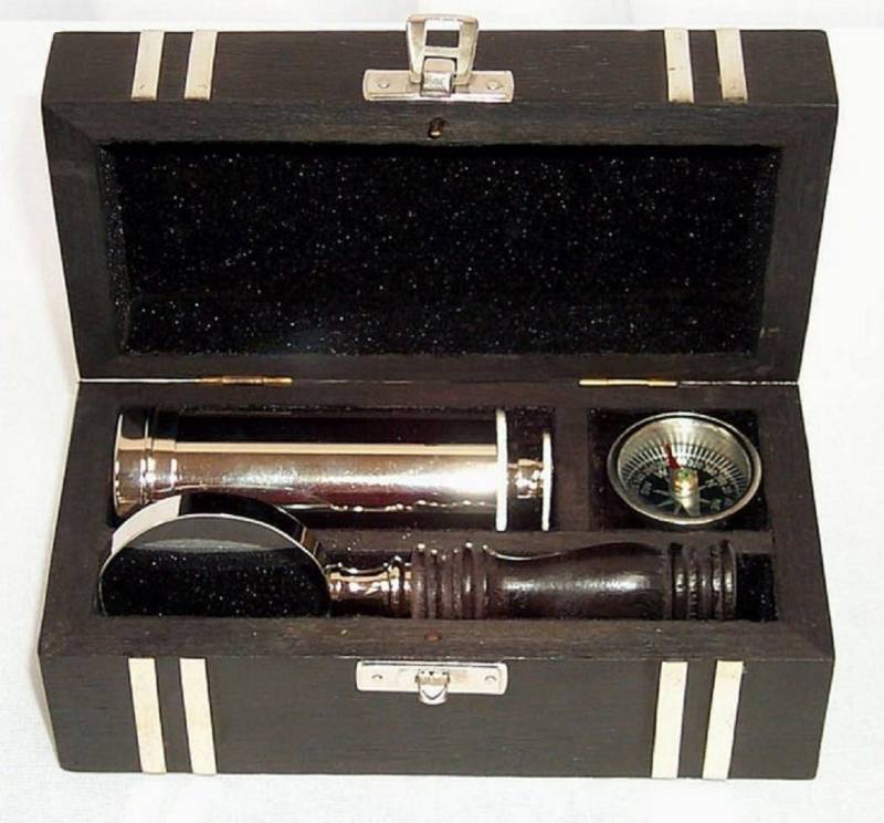 Linoows Dekoobjekt Nautik Set, Teleskop, Lupe und Kompass in einer Schatztruhe (1x), Reproduktion von Linoows