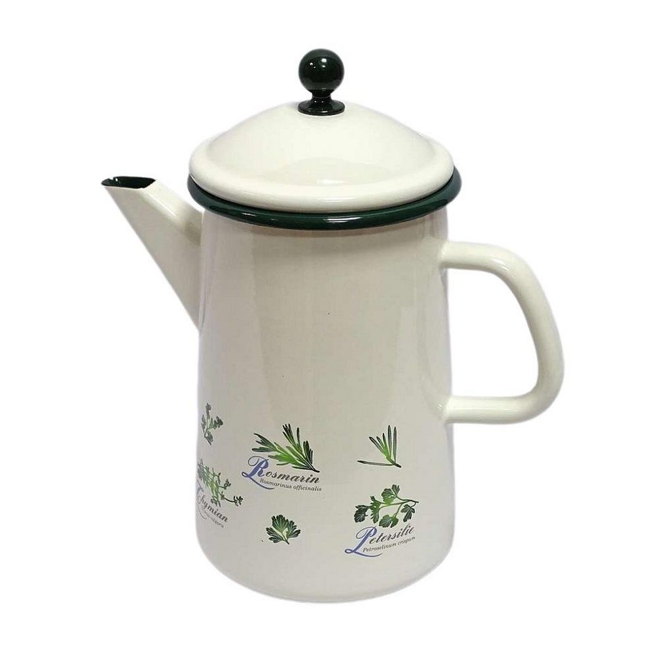 Linoows Kanne Emaille Kaffeekanne, Deckelkanne, Henkelkanne, 1,6 l, (Set), Nostalgie Kaffeekanne Creme mit Garten Kräuter 1,6 Liter von Linoows