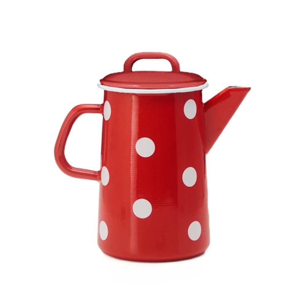 Linoows Kanne Emaille Kaffeekanne, Deckelkanne, Henkelkanne, 1,6 l, (Set), Nostalgie Kaffeekanne Tupfen Rot- Weiß 1,6 Liter von Linoows