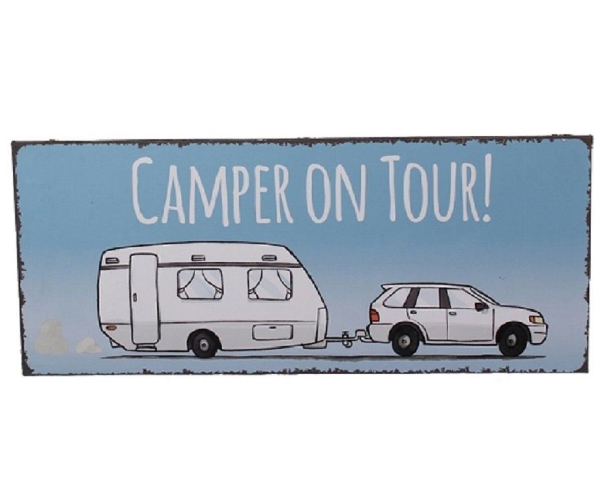 Linoows Metallschild Blechschild, Dekoschild Camper on Tour, Wandschild, Camper Schild aus Blech 13x31 cm von Linoows