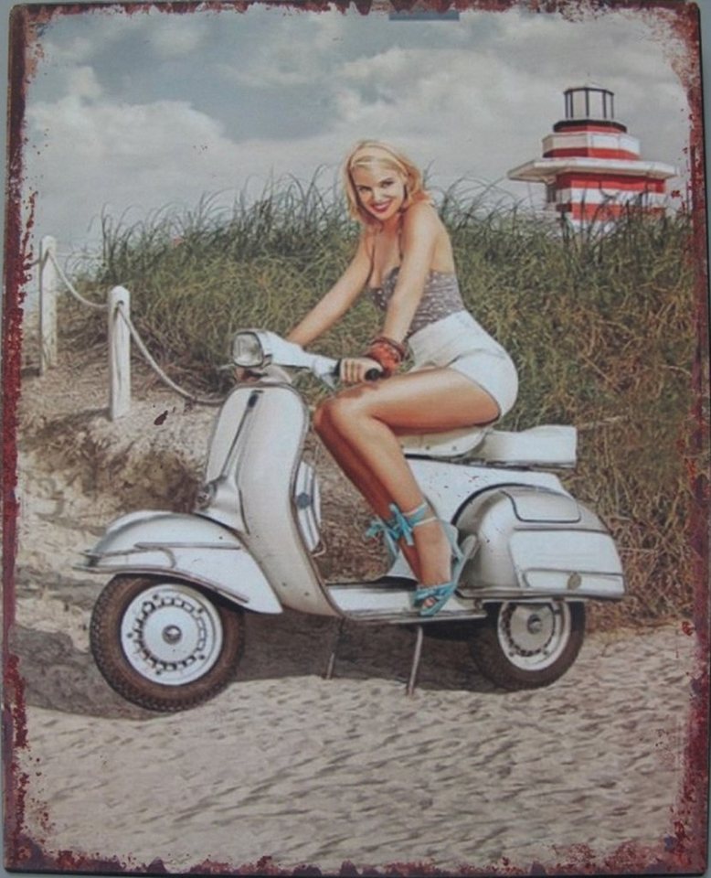 Linoows Metallschild Blechschild, Reklameschild, Biker Wandschild, Scooter mit Pin Up Girl Biker Schild 25x20 cm von Linoows