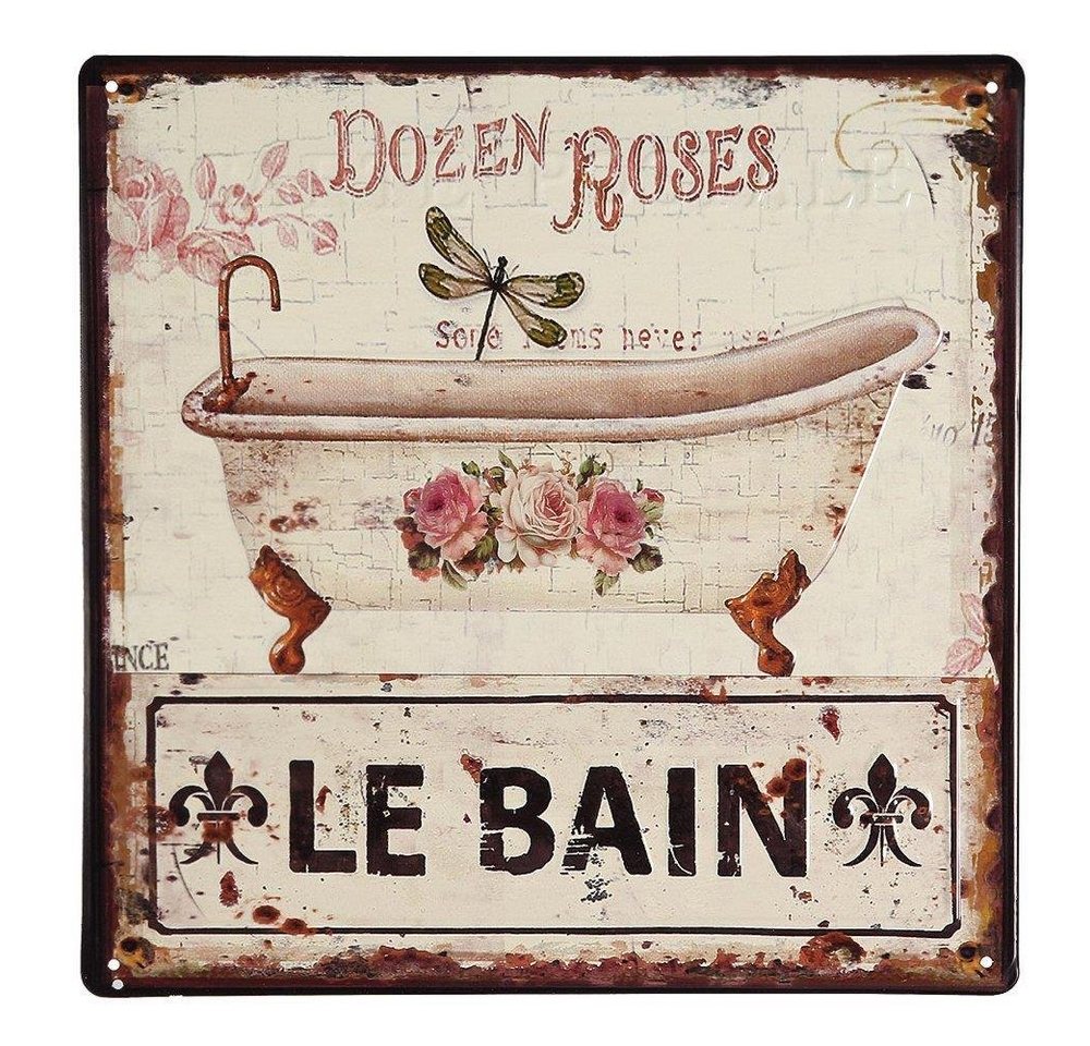 Linoows Metallschild Blechschild, Reklameschild, Wandschild, Schild, Reklameschild Le Bain, Badezimmer Schild mit Rosen 30x30 cm von Linoows