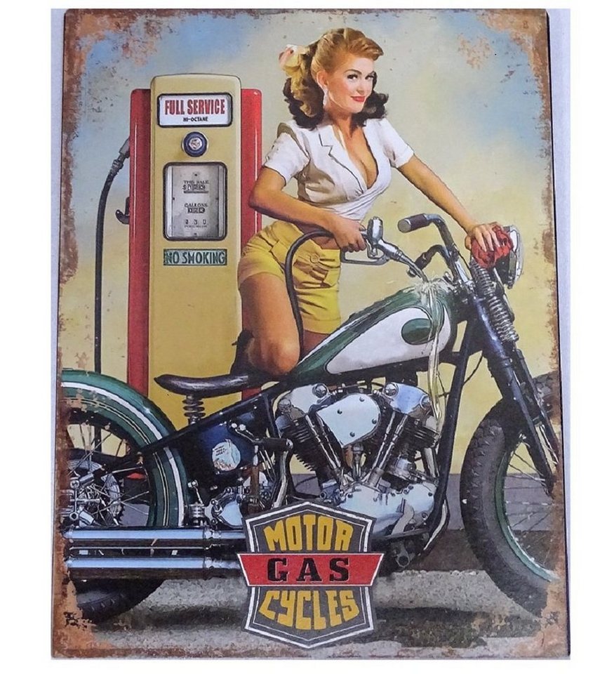Linoows Metallschild Blechschild, Reklameschild, Wandschild 33x25 cm., Motor Gas Cycles und Pin Up Girl von Linoows