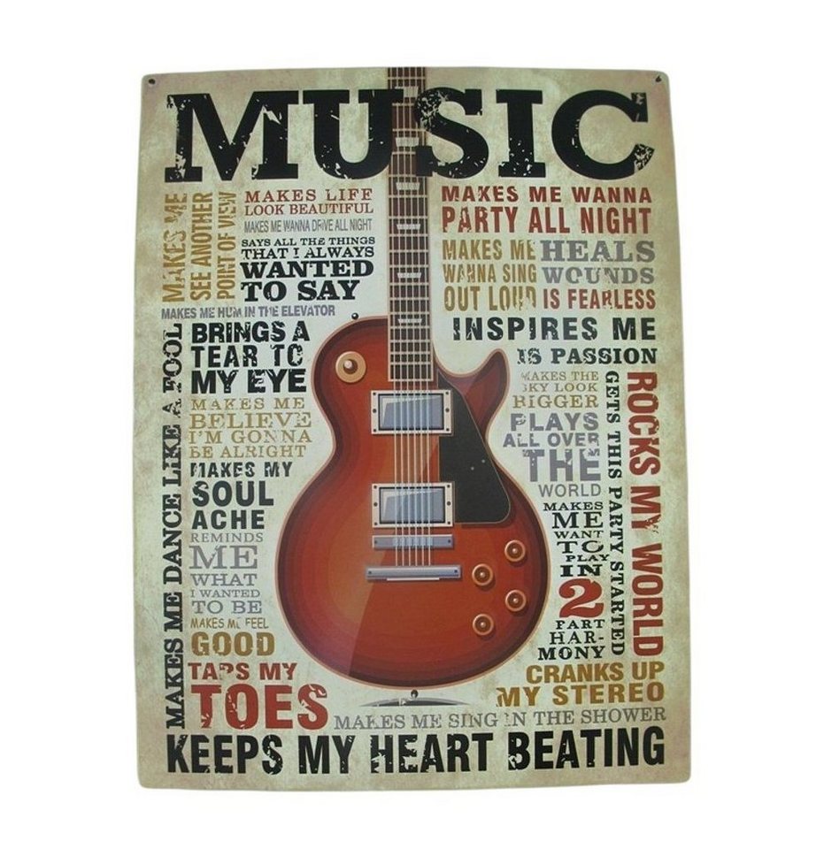 Linoows Metallschild Blechschild, Reklameschild, Wandschild 40x30 cm, Schild Music keeps my heart mit Gitarre von Linoows