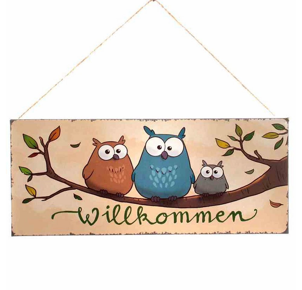 Linoows Metallschild Blechschild, Wandschild drei witzige Eulen, Schild, Schild, Willkommen und drei witzige Eulen auf einem Ast 13x31 cm von Linoows