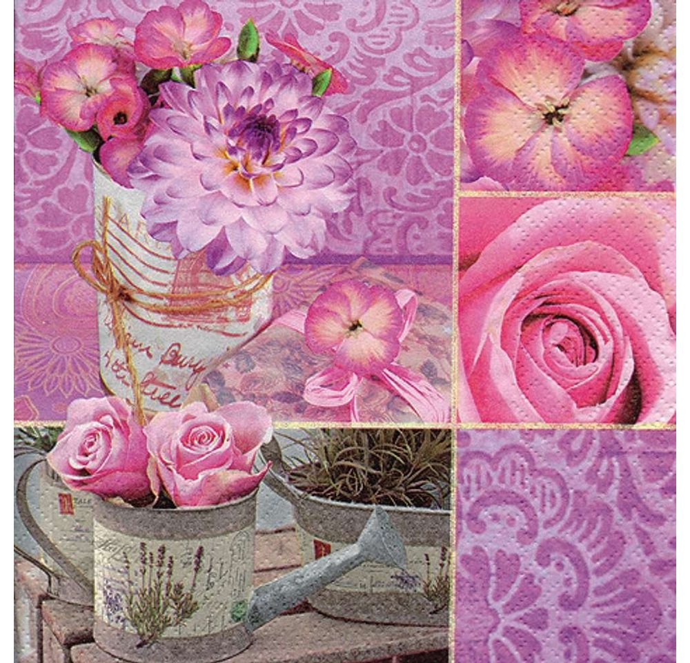 Linoows Papierserviette 20 Servietten, Rosa Blütencollage mit Rosen und Blüten, (Packung), Motiv Rosa Blütencollage mit Rosen und Blüten von Linoows