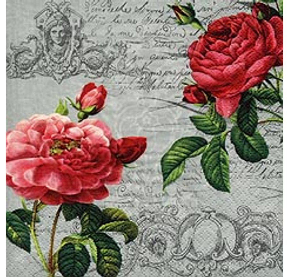 Linoows Papierserviette 20 Servietten, Rosen Blüten auf Briefpapier, Barock Motiv 33x33 cm, (Packung), Motiv Rosenblüten auf barockem Briefpapier von Linoows