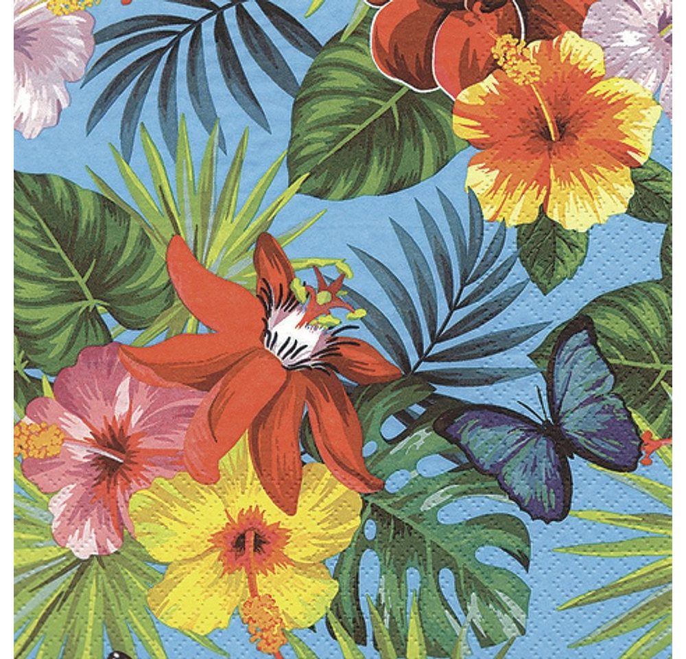 Linoows Papierserviette 20 Servietten, Tropisch Blumen und Schmetterlinge, Sommer, (Packung), Motiv Tropisch Blumen und Schmetterlinge, Sommer von Linoows