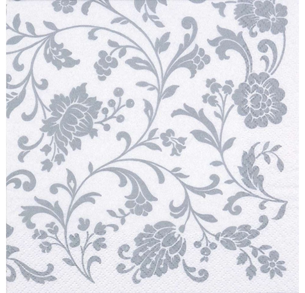 Linoows Papierserviette 20 Servietten Arabesken, Blütenranken Silber auf Weiß, (Packung), Motiv Arabesken, Blütenranken Silber auf Weiß von Linoows