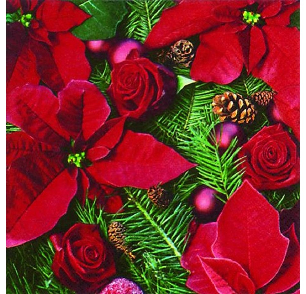 Linoows Papierserviette 20 Servietten Weihnachten, Weihnachtsstern und Tannengrün, (Packung), Motiv Weihnachten, Weihnachtsstern und Tannengrün von Linoows